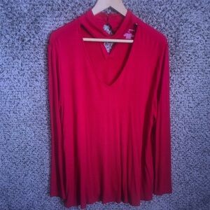 Women’s Red Long Sleeve V-Neck Top with Keyhole